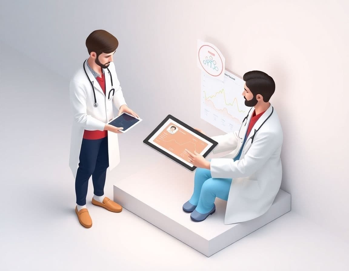 Two doctors reviewing a tablet with patient summary